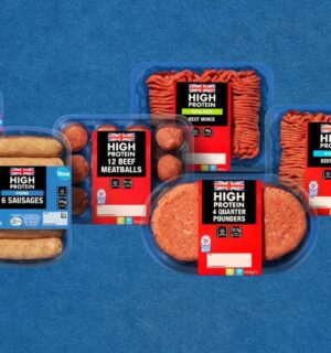 Photo shows the new Lidl blended, or "hybrid" meat products, which are fortified with plant-based pea protein, on a plain blue background