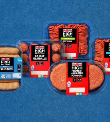 Photo shows the new Lidl blended, or "hybrid" meat products, which are fortified with plant-based pea protein, on a plain blue background