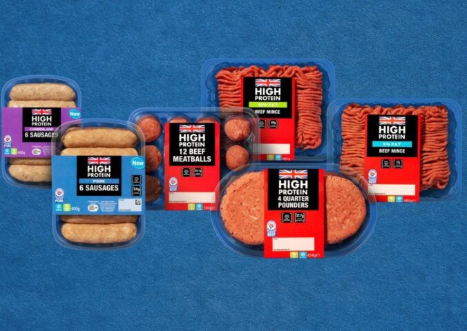 Photo shows the new Lidl blended, or "hybrid" meat products, which are fortified with plant-based pea protein, on a plain blue background