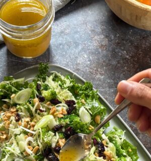 mandarin vinaigrette with olive oil, mandarin juice, apple cider vinegar, English mustard, maple syrup, garlic, and more