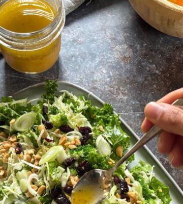 mandarin vinaigrette with olive oil, mandarin juice, apple cider vinegar, English mustard, maple syrup, garlic, and more