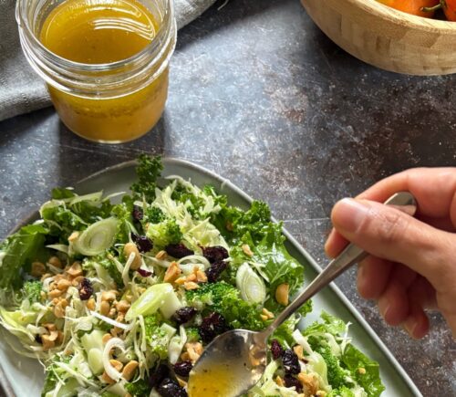 mandarin vinaigrette with olive oil, mandarin juice, apple cider vinegar, English mustard, maple syrup, garlic, and more