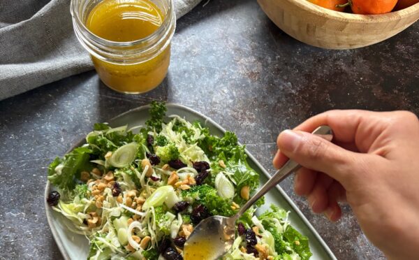 mandarin vinaigrette with olive oil, mandarin juice, apple cider vinegar, English mustard, maple syrup, garlic, and more