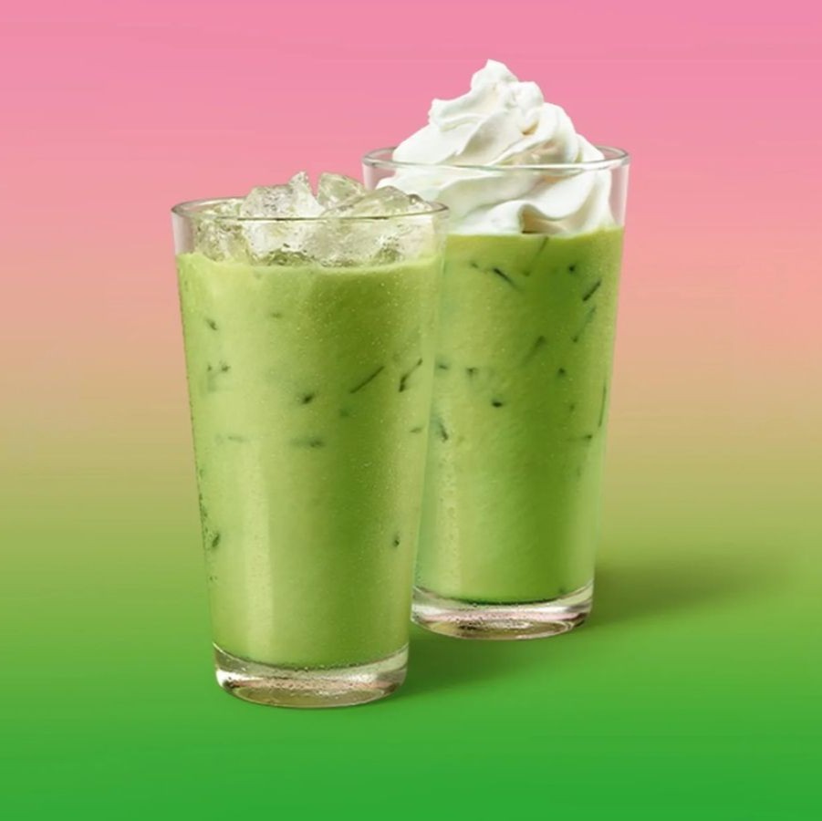 Photo shows the new Matcha Latte Strawberry from McDonald's Germany against a stock green and pink background. McDonald’s has partnered with Alpro for a new matcha-themed campaign