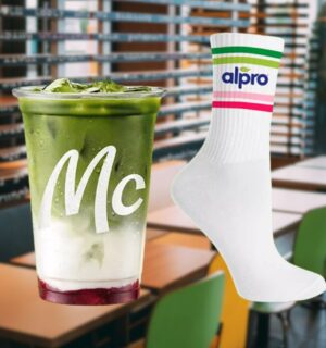 Photo shows the new McDonald's Matcha Latte Strawberry (left) and an Alpro-branded sock (right). McDonald’s Germany customers can purchase a limited edition Matcha Latte Strawberry made with Alpro oat milk and receive a pair of socks, provided they activate a coupon in the fast-food giant’s mobile app first