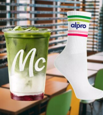 Photo shows the new McDonald's Matcha Latte Strawberry (left) and an Alpro-branded sock (right). McDonald’s Germany customers can purchase a limited edition Matcha Latte Strawberry made with Alpro oat milk and receive a pair of socks, provided they activate a coupon in the fast-food giant’s mobile app first