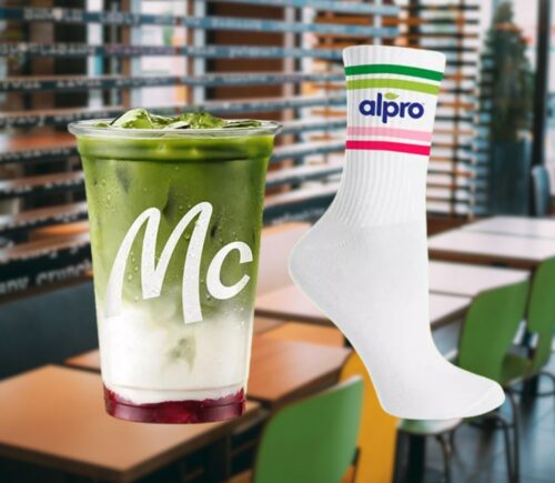 Photo shows the new McDonald's Matcha Latte Strawberry (left) and an Alpro-branded sock (right). McDonald’s Germany customers can purchase a limited edition Matcha Latte Strawberry made with Alpro oat milk and receive a pair of socks, provided they activate a coupon in the fast-food giant’s mobile app first