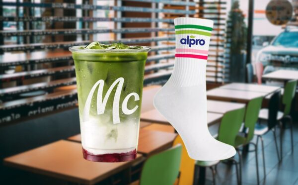 Photo shows the new McDonald's Matcha Latte Strawberry (left) and an Alpro-branded sock (right). McDonald’s Germany customers can purchase a limited edition Matcha Latte Strawberry made with Alpro oat milk and receive a pair of socks, provided they activate a coupon in the fast-food giant’s mobile app first