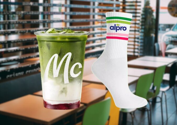 Photo shows the new McDonald's Matcha Latte Strawberry (left) and an Alpro-branded sock (right). McDonald’s Germany customers can purchase a limited edition Matcha Latte Strawberry made with Alpro oat milk and receive a pair of socks, provided they activate a coupon in the fast-food giant’s mobile app first