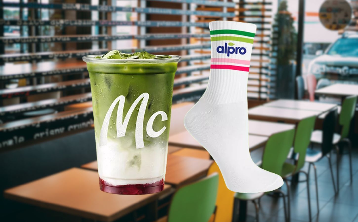 Photo shows the new McDonald's Matcha Latte Strawberry (left) and an Alpro-branded sock (right). McDonald’s Germany customers can purchase a limited edition Matcha Latte Strawberry made with Alpro oat milk and receive a pair of socks, provided they activate a coupon in the fast-food giant’s mobile app first