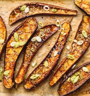 Miso Eggplant on a tray with sesame and scallions