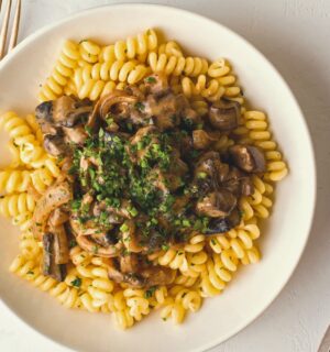 Modern Portobello Stroganoff with curly noodles