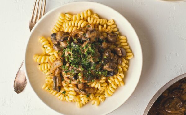 Modern Portobello Stroganoff with curly noodles
