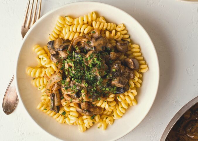 Modern Portobello Stroganoff with curly noodles