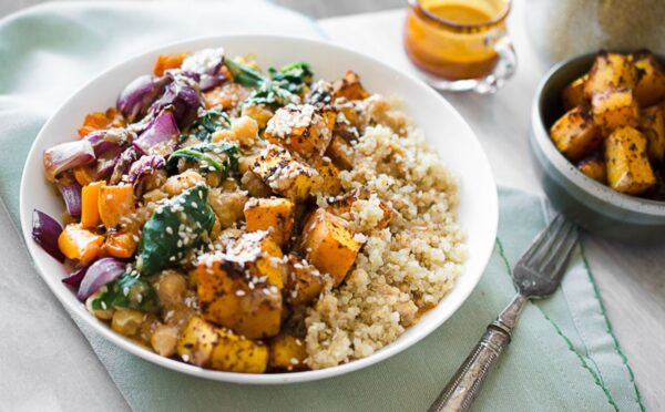 roasted squash and quinoa bowl for vegan squash recipes