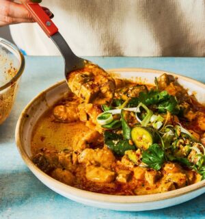 Tahini Beans With Crushed Cucumbers with tofu, chili crisp, and butter beans