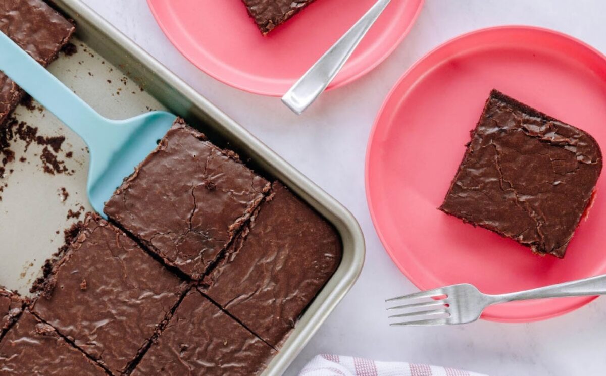 vegan Texas sheet cake with soy milk, cocoa, and vegan sour cream