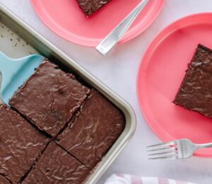 vegan Texas sheet cake with soy milk, cocoa, and vegan sour cream