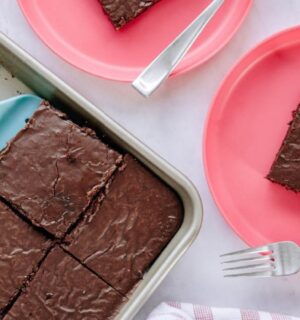 vegan Texas sheet cake with soy milk, cocoa, and vegan sour cream