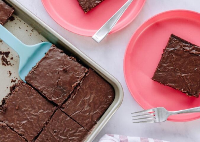 vegan Texas sheet cake with soy milk, cocoa, and vegan sour cream