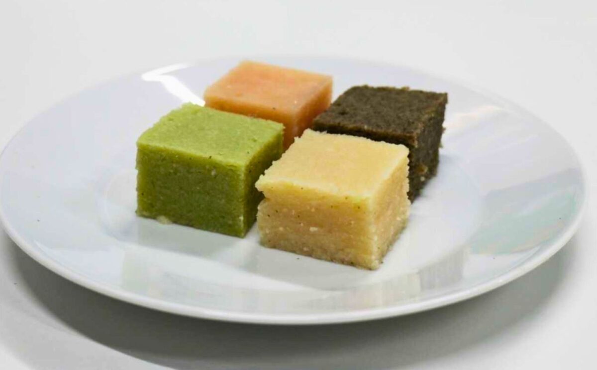 Photo shows four different colored cubes of plant-based protein made by the team of scientists using directional freezing. You can turn lentils into a texturized protein similar to fake meat with a simple method that has been around for hundreds of years