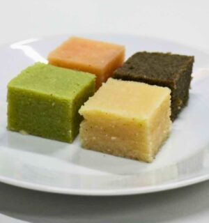 Photo shows four different colored cubes of plant-based protein made by the team of scientists using directional freezing. You can turn lentils into a texturized protein similar to fake meat with a simple method that has been around for hundreds of years