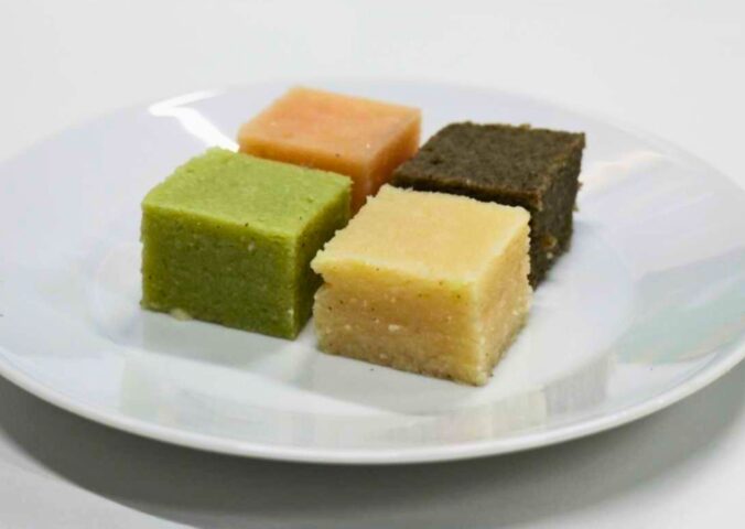 Photo shows four different colored cubes of plant-based protein made by the team of scientists using directional freezing. You can turn lentils into a texturized protein similar to fake meat with a simple method that has been around for hundreds of years