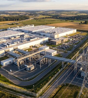Photo shows a large, sprawling datacenter. According to new analysis, just two of the UK’s planned AI datacenters will emit more carbon than ExxonMobil, the second-largest fossil fuel company in the world