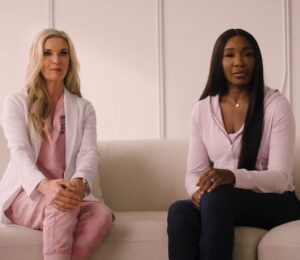 Photo shows Venus Williams, a mostly plant-based athlete, and Dr Kristi Funk, a breast cancer surgeon and advocate for plant-based diets, in a new video PSA by PCRM on the link between diet and breast cancer risk