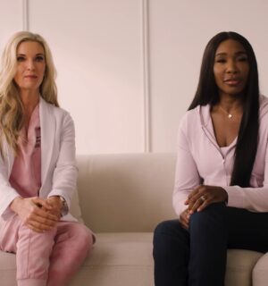 Photo shows Venus Williams, a mostly plant-based athlete, and Dr Kristi Funk, a breast cancer surgeon and advocate for plant-based diets, in a new video PSA by PCRM on the link between diet and breast cancer risk