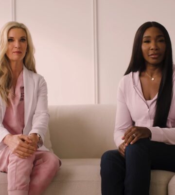 Photo shows Venus Williams, a mostly plant-based athlete, and Dr Kristi Funk, a breast cancer surgeon and advocate for plant-based diets, in a new video PSA by PCRM on the link between diet and breast cancer risk