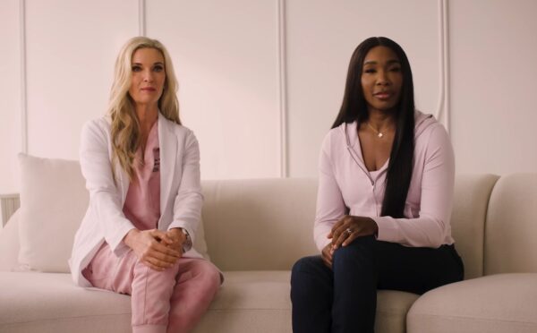Photo shows Venus Williams, a mostly plant-based athlete, and Dr Kristi Funk, a breast cancer surgeon and advocate for plant-based diets, in a new video PSA by PCRM on the link between diet and breast cancer risk