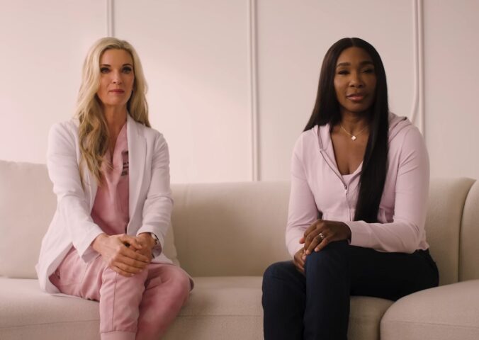Photo shows Venus Williams, a mostly plant-based athlete, and Dr Kristi Funk, a breast cancer surgeon and advocate for plant-based diets, in a new video PSA by PCRM on the link between diet and breast cancer risk