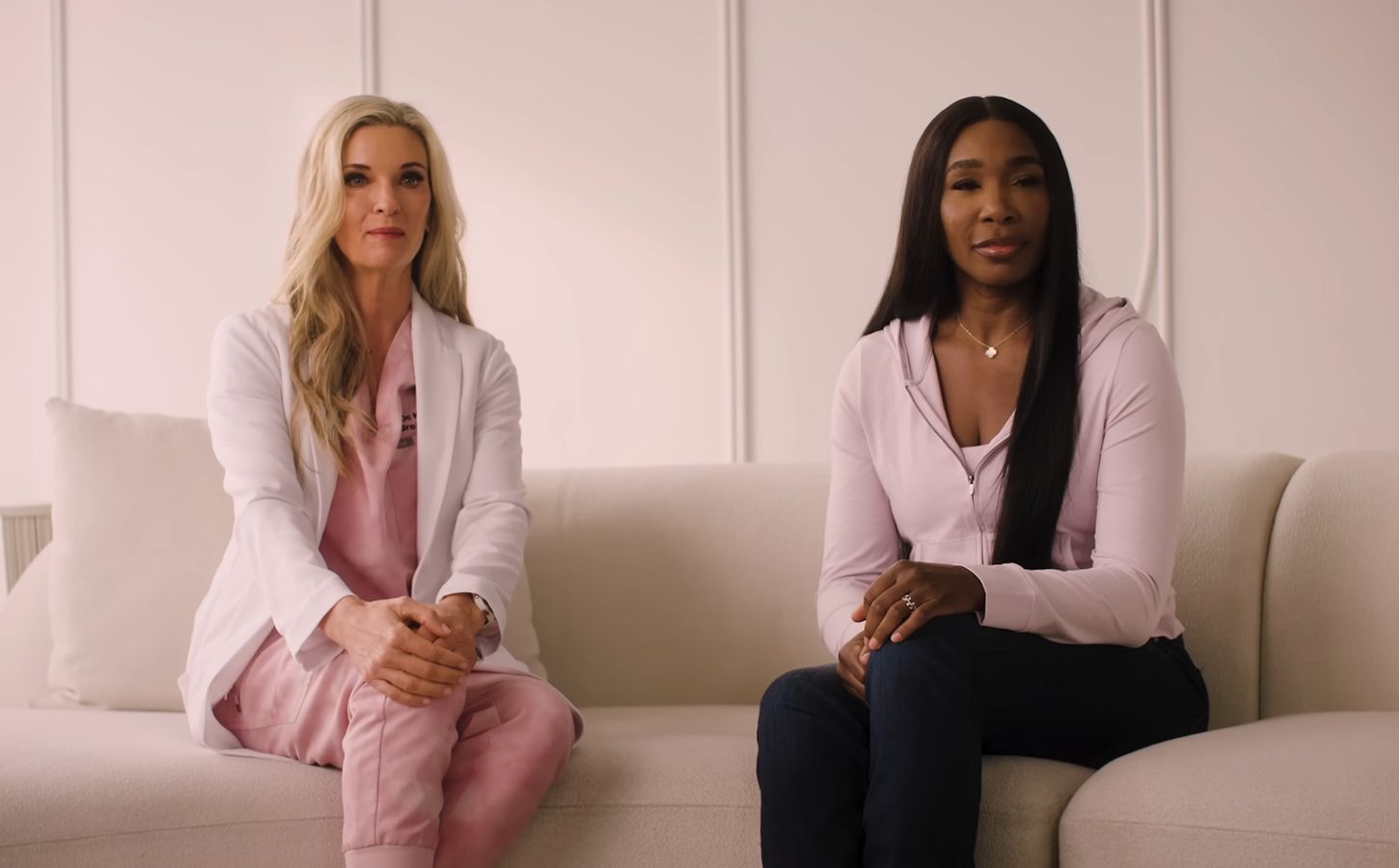 Photo shows Venus Williams, a mostly plant-based athlete, and Dr Kristi Funk, a breast cancer surgeon and advocate for plant-based diets, in a new video PSA by PCRM on the link between diet and breast cancer risk