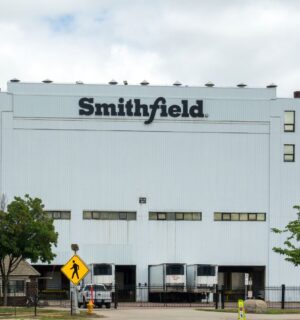 Photo shows the front of a large white Smithfield Foods building, bearing a black "Smithfield" logo. Roughly 100 workers have walked out of a Smithfield meat plant following a colleague’s death