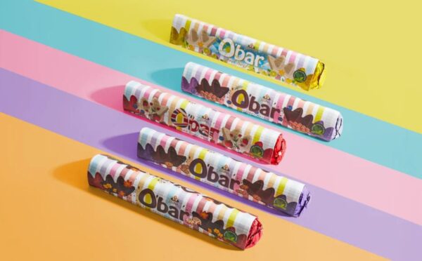 Photo shows a selection of O'Bar chocolate bars by Catherine Originals on a colorful digitally rendered backdrop. Mondelēz, the maker of Toblerone, is suing Catherine’s Originals, a small vegan chocolate brand from the UK, over the shape of its O’Bar