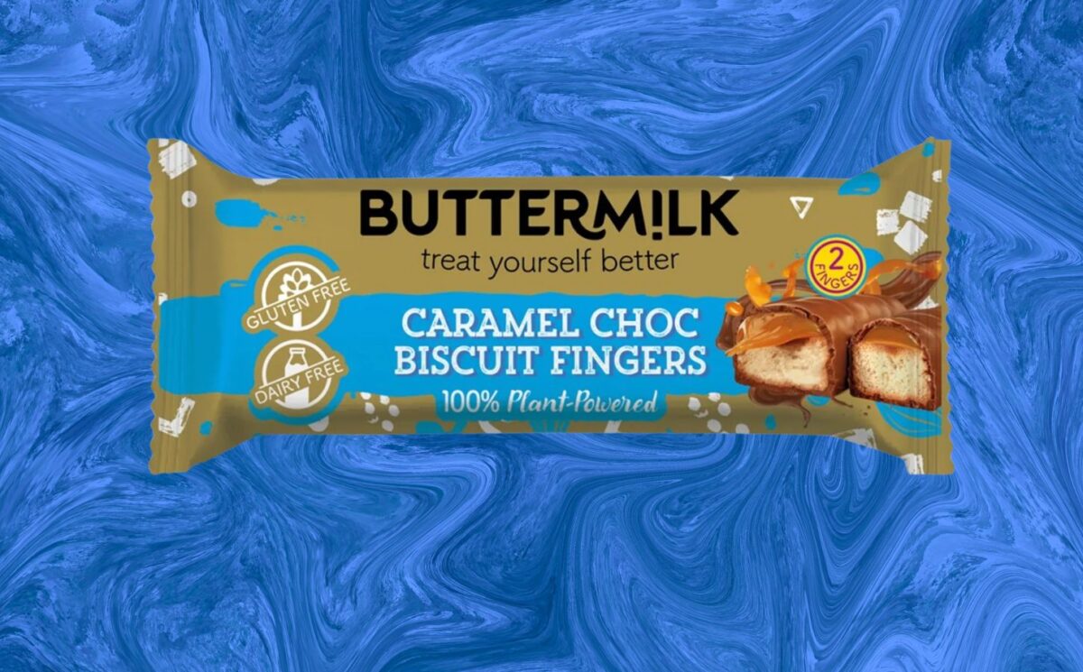 Photo shows the new Caramel Choc Biscuit Fingers bar from Buttermilk, which is a vegan version of the iconic Twix chocolate bar