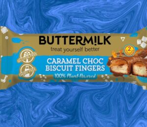 Photo shows the new Caramel Choc Biscuit Fingers bar from Buttermilk, which is a vegan version of the iconic Twix chocolate bar