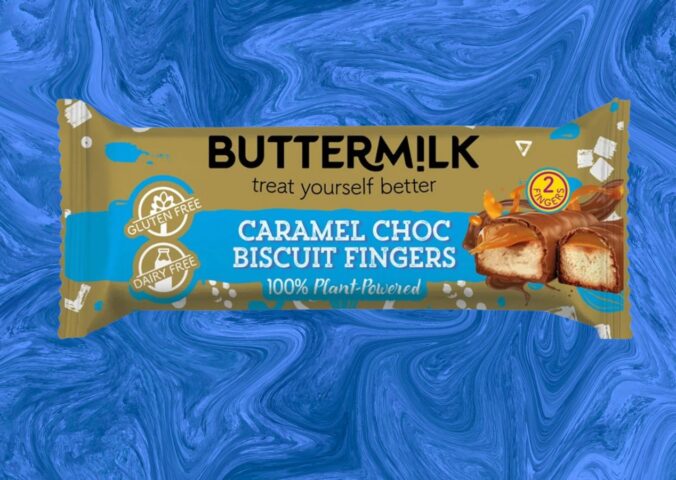 Photo shows the new Caramel Choc Biscuit Fingers bar from Buttermilk, which is a vegan version of the iconic Twix chocolate bar
