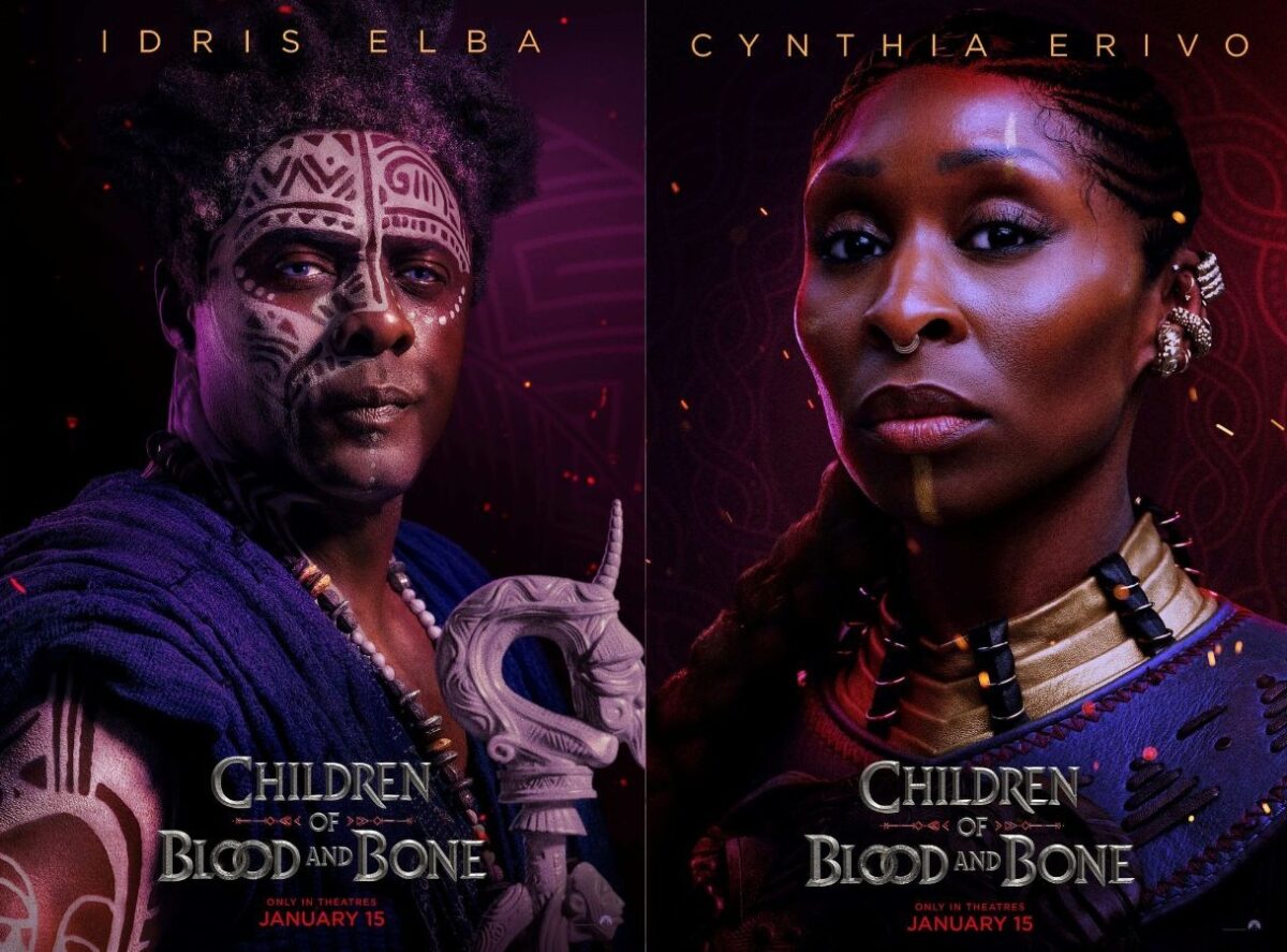 Photo shows two posters for 'Children of Blood and Bone' side by side, featuring Idris Elba (left) and Cynthia Erivo (right) as their respective characters