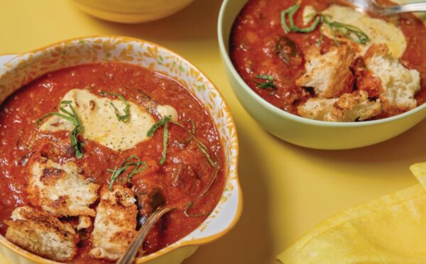 eggplant parmesan soup with tomato and a cashew mozzarella