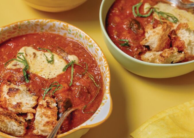 eggplant parmesan soup with tomato and a cashew mozzarella