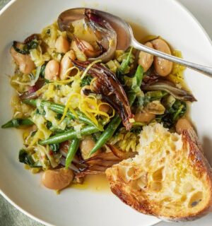 mid-season fall recipes of roasted shallots and butter bean bowls