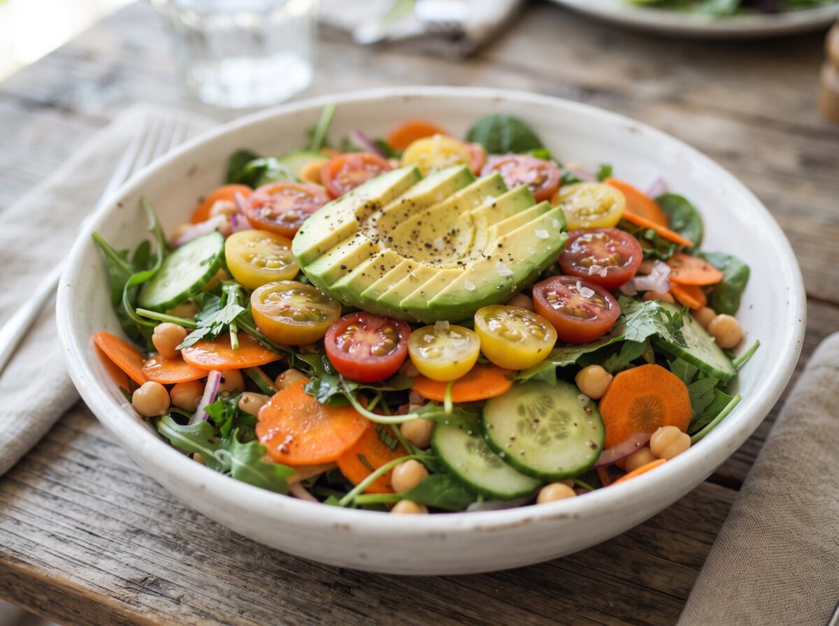 Photo shows a colorful bowl of food made with fresh fruits, vegetables, and salads. Scientists analyzed the supposed benefits of carnivore diets and found the evidence base to be “thin.”