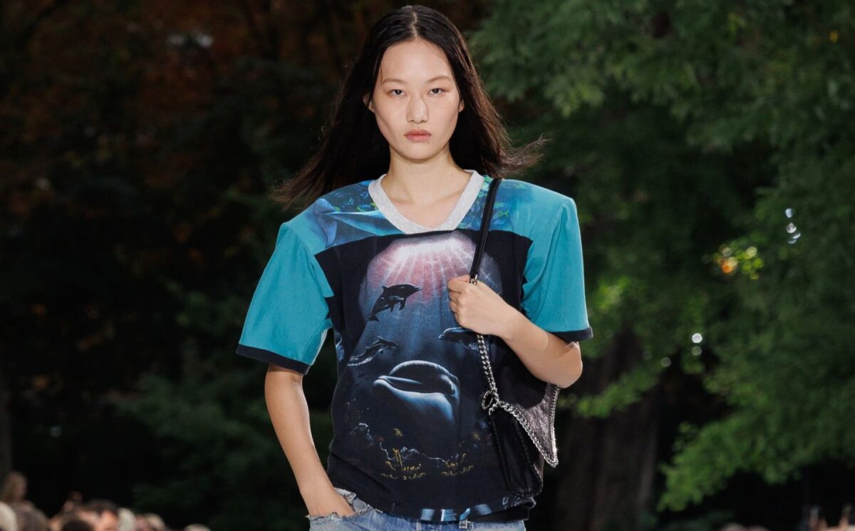 Photo shows a model wearing an ocean-inspired top on the runway at a recent fashion show by designer Stella McCartney, who said, “Sea life, not sea food."