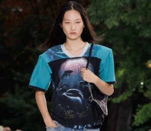 Photo shows a model wearing an ocean-inspired top on the runway at a recent fashion show by designer Stella McCartney, who said, “Sea life, not sea food."