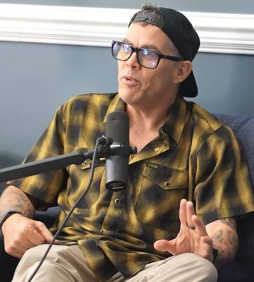 Photo shows TV personality Steve-O during a recent episode of his podcast, 'Steve-O's Wild Ride!,' featuring medical doctor and influencer Mike Varshavski, aka Doctor Mike. Steve-O has said that he is “ashamed to have whey protein” as “an animal guy.”