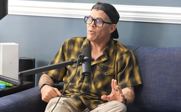 Photo shows TV personality Steve-O during a recent episode of his podcast, 'Steve-O's Wild Ride!,' featuring medical doctor and influencer Mike Varshavski, aka Doctor Mike. Steve-O has said that he is “ashamed to have whey protein” as “an animal guy.”