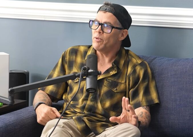 Photo shows TV personality Steve-O during a recent episode of his podcast, 'Steve-O's Wild Ride!,' featuring medical doctor and influencer Mike Varshavski, aka Doctor Mike. Steve-O has said that he is “ashamed to have whey protein” as “an animal guy.”