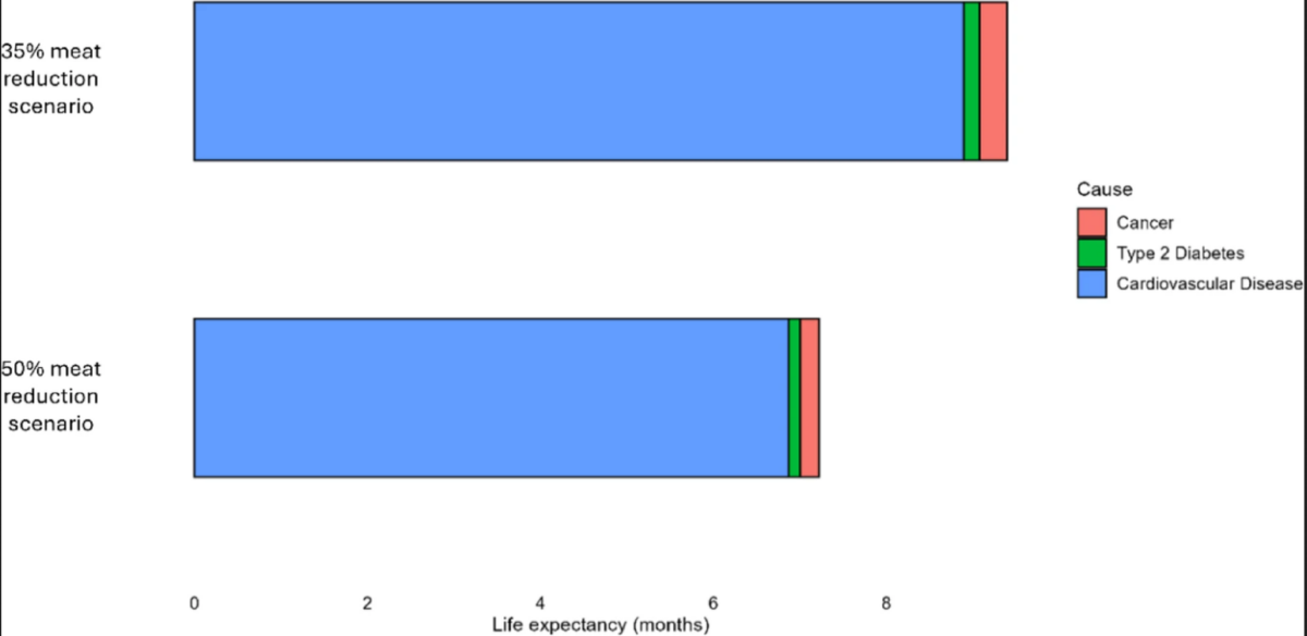 Photo shows a graph from the new study, which was published in the European Journal of Nutrition and shows how non-communicable disease risk could fall as people eat less meat and more plant-based foods